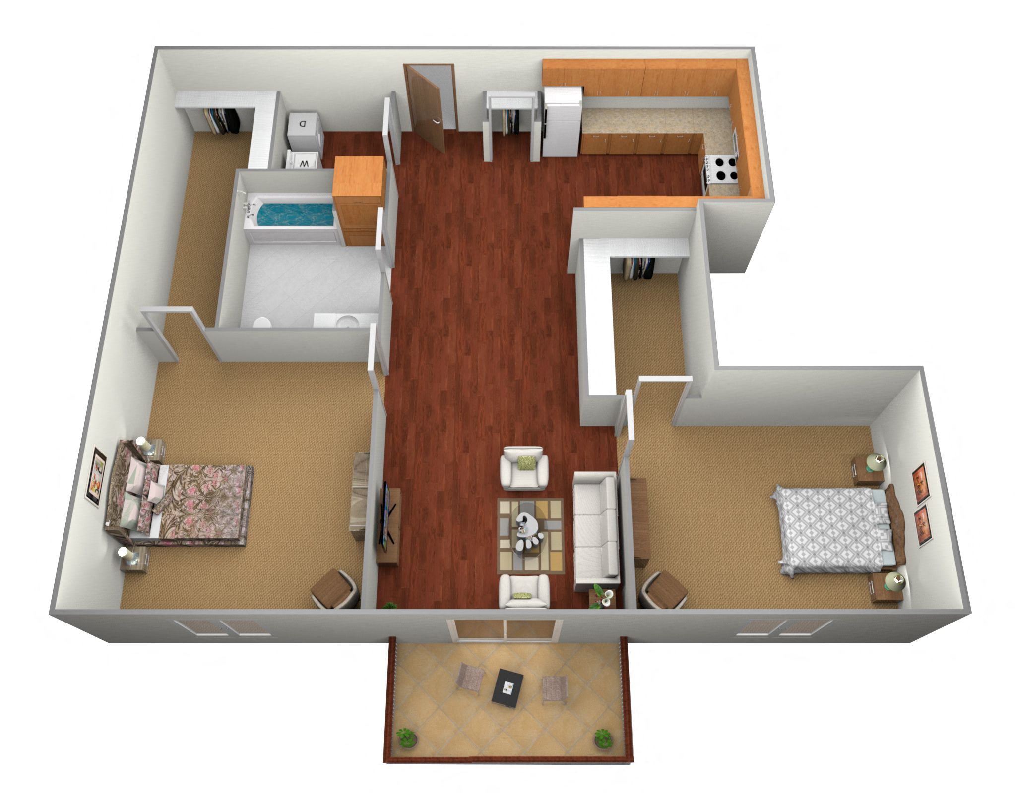 Floor plan for 2 beds, 1 bath, 1034 sqft